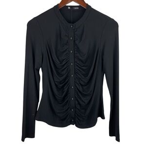 Krisa | Black Button Front Ruched Long Sleeve Top New